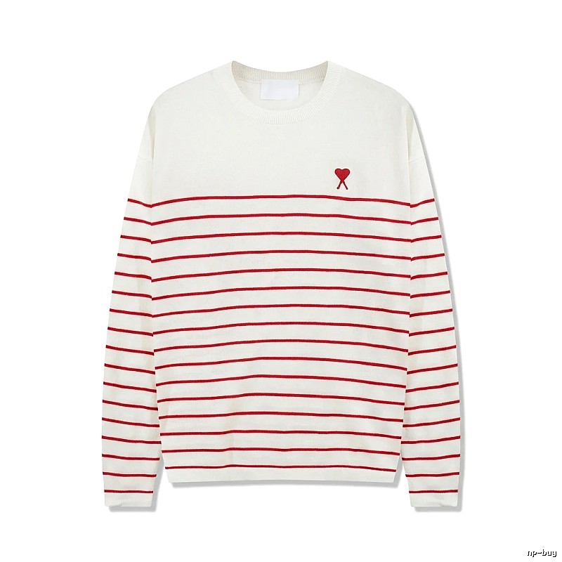 AMI Stripe Heart White Sweater