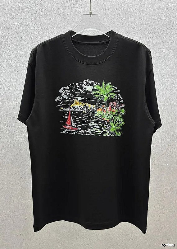 AW Seaside Print Vacation Style Black Short Sleeve T-Shirt