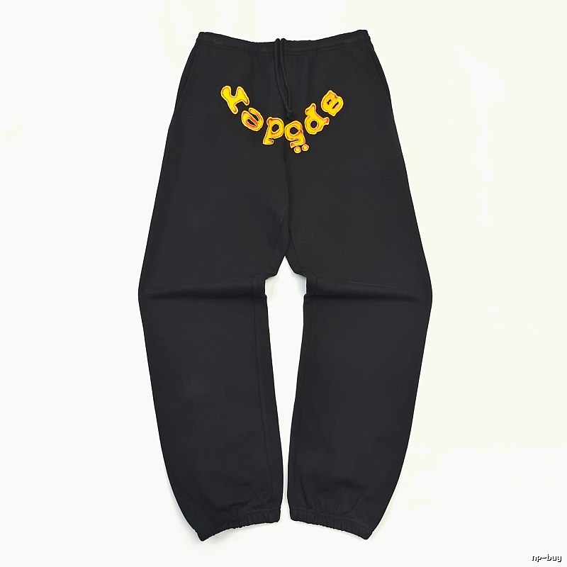 Bold Yellow Wordmark Graphics And Cuffed Hems Black Sp5der Logo Sweatpants