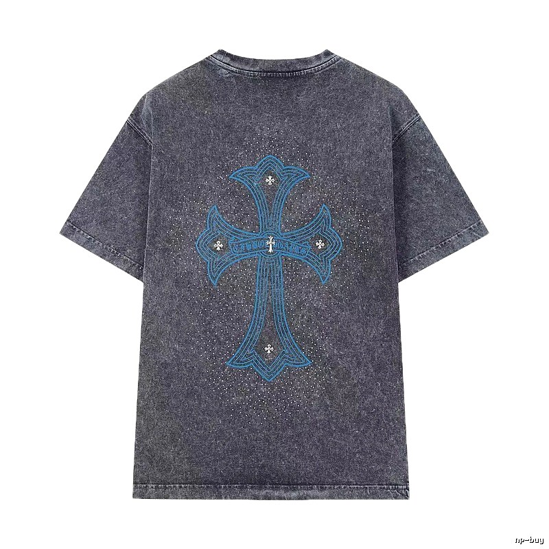 Chrome Hearts Blue Cross Vintage Charcoal Gray Short Sleeve T-shirt