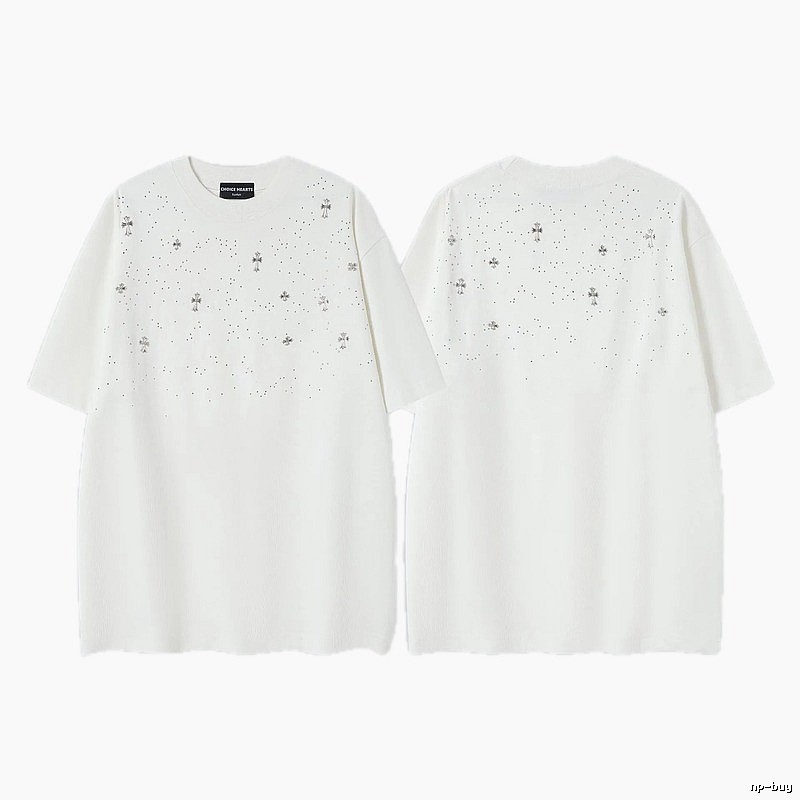 Chrome Hearts Cross Hot-Fix Rhinestone Street Style White T-Shirt