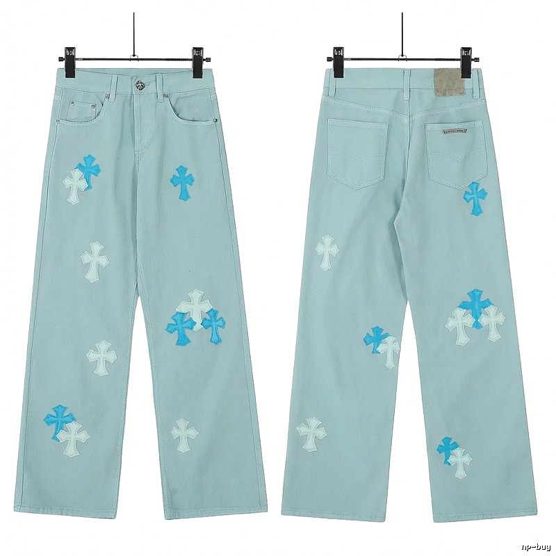 Chrome Hearts Cross Trend Brand Light Blue Jeans