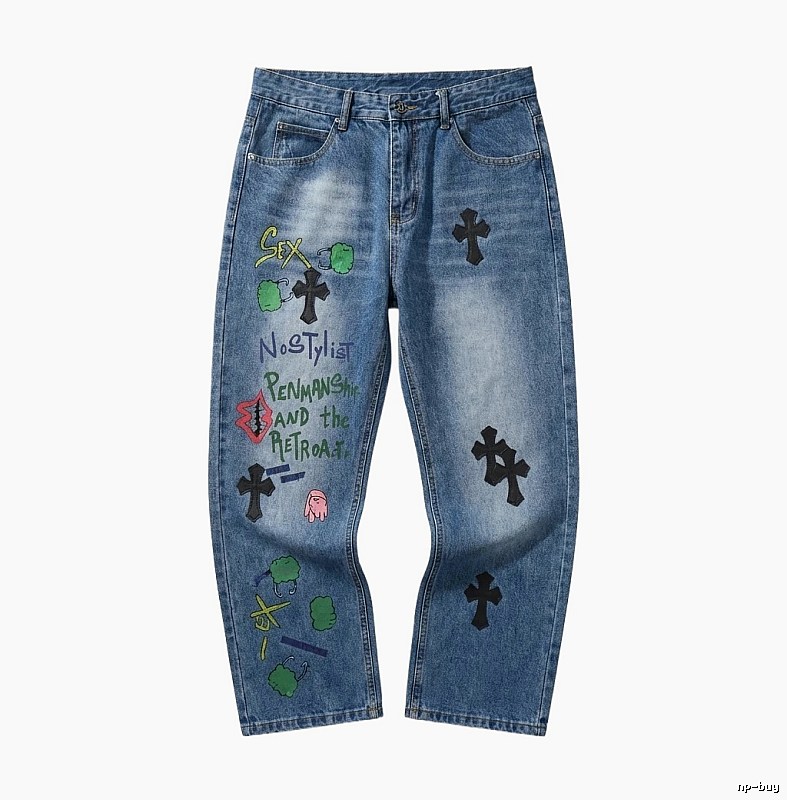 Chrome Hearts graffiti-style blue jeans