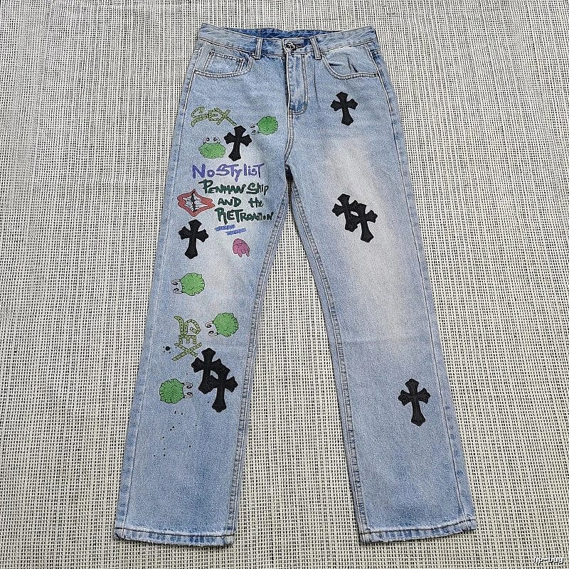 Chrome Hearts Logo Detail Cross patch jeans White Jeans Black with Relaxed Feel