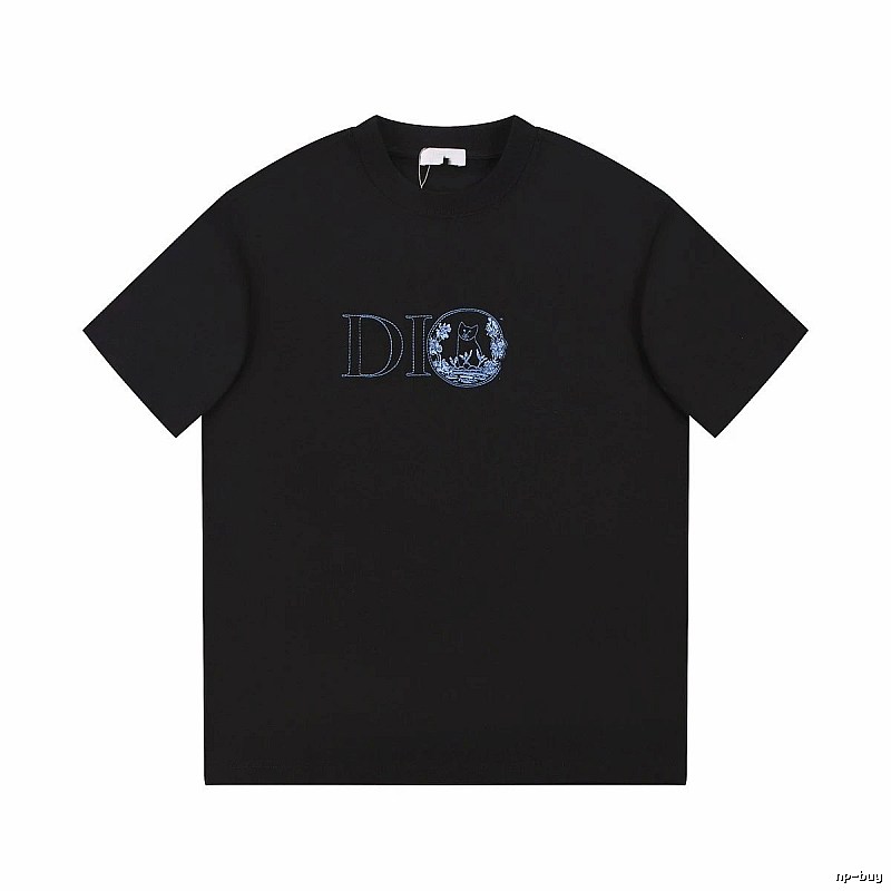 Dior Cat-Embroidered Casual Black T-Shirt