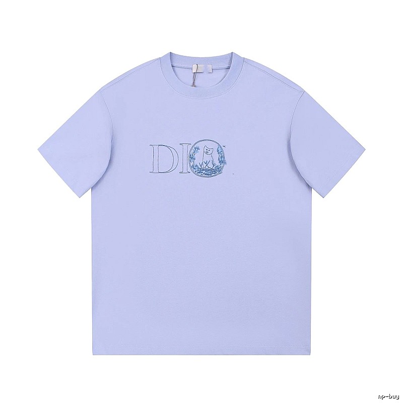 Dior Cat-Embroidered Casual Light Purple Short-sleeve T-Shirt