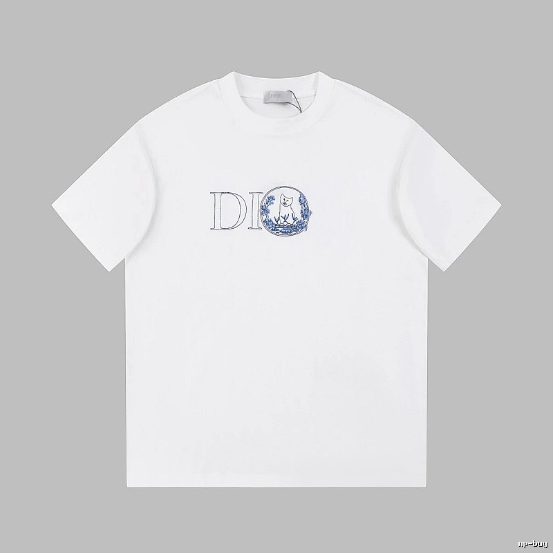 Dior Cat-Embroidered Light Luxury Style White Short-sleeve T-shirt