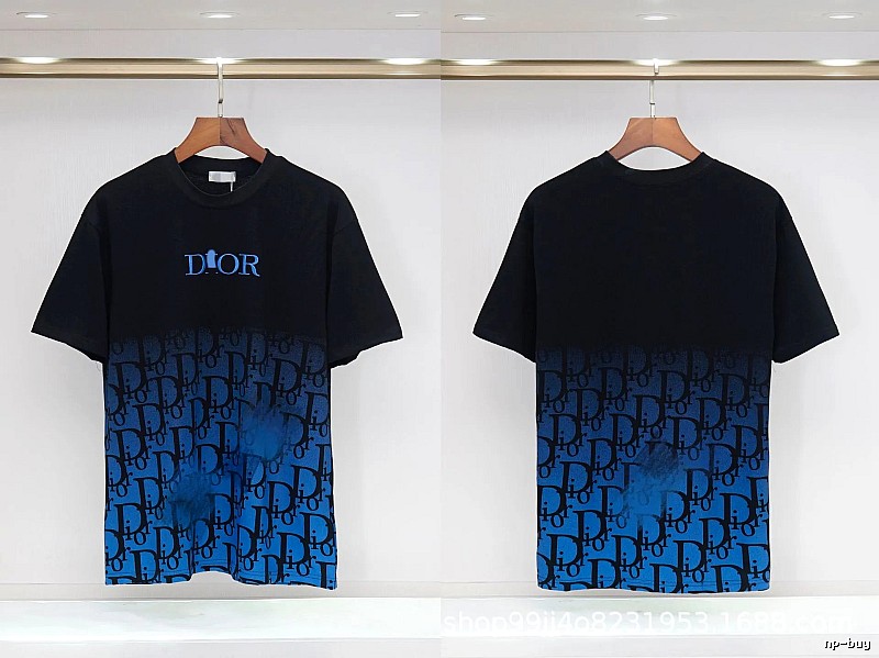 Dior Classic Monogram Trendy Style Black-Blue Gradient T-Shirt