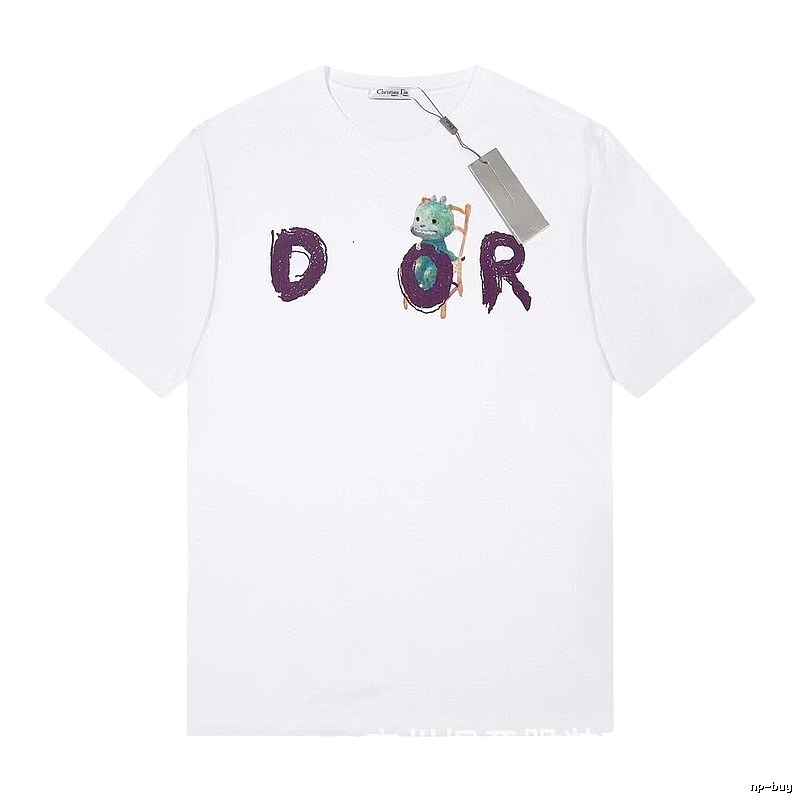 Dior Dinosaur Graffiti Cool Trendy White Short-sleeve T-shirt