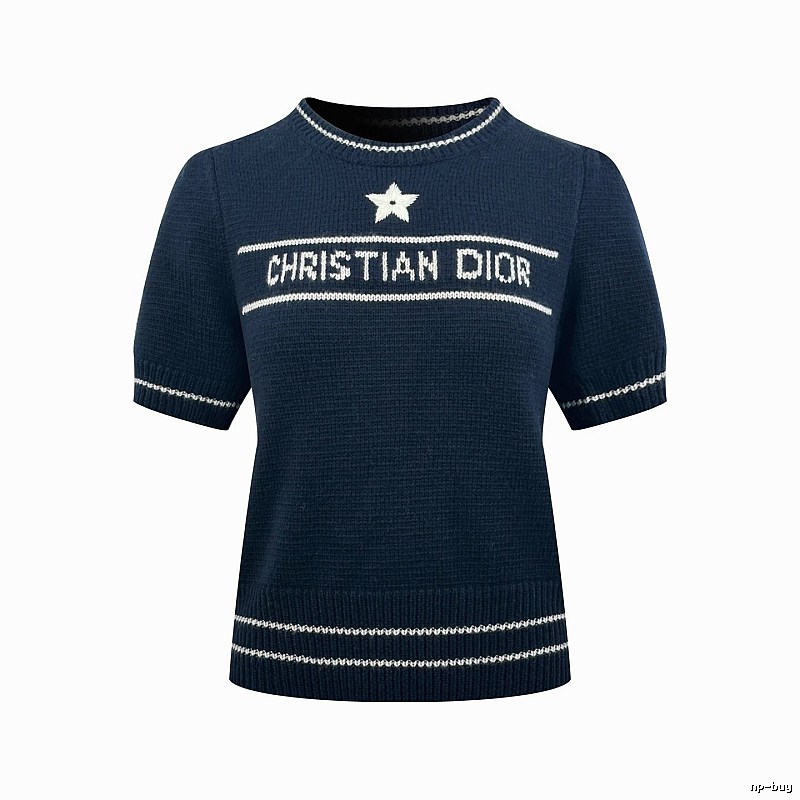 Dior Short Sleeve Knit Sweater with Cream Trim and Star Detail