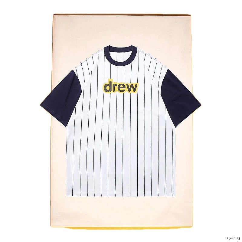 DREW Letter Print Street Style White and Navy Blue Short Sleeve T-Shirt