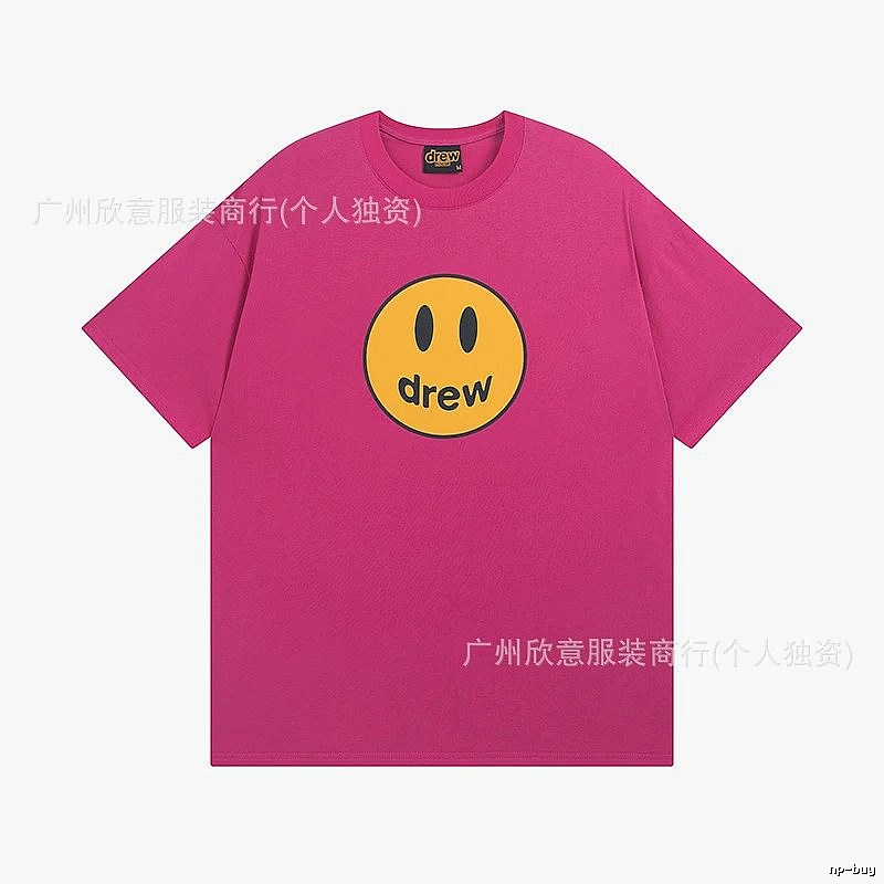 DREW Smiley Face Print Street Style Rose Red T-Shirt