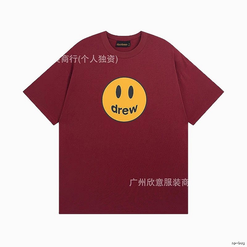 DREW Smiley Face Streetwear Style Burgundy Short Sleeve T-Shirt