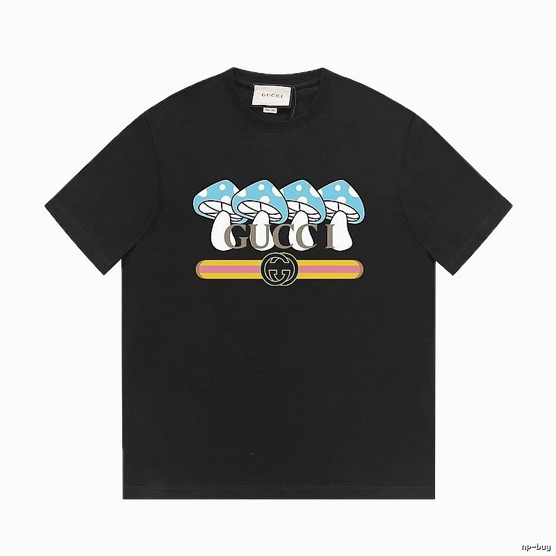 Gucci Mushroom Print Cool and Trendy Style Black Short-sleeve T-shirt