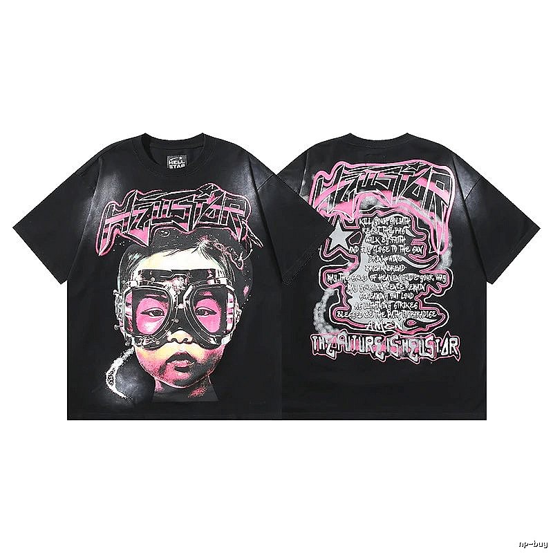 Hellstar Portrait Print Street Style Black and Pink Short Sleeve T-Shirt