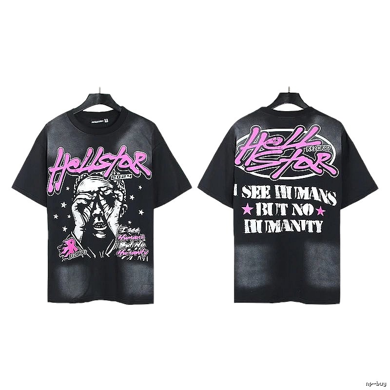 Hellstar Portrait Print Street Style Black and Pink Short-sleeve T-shirt