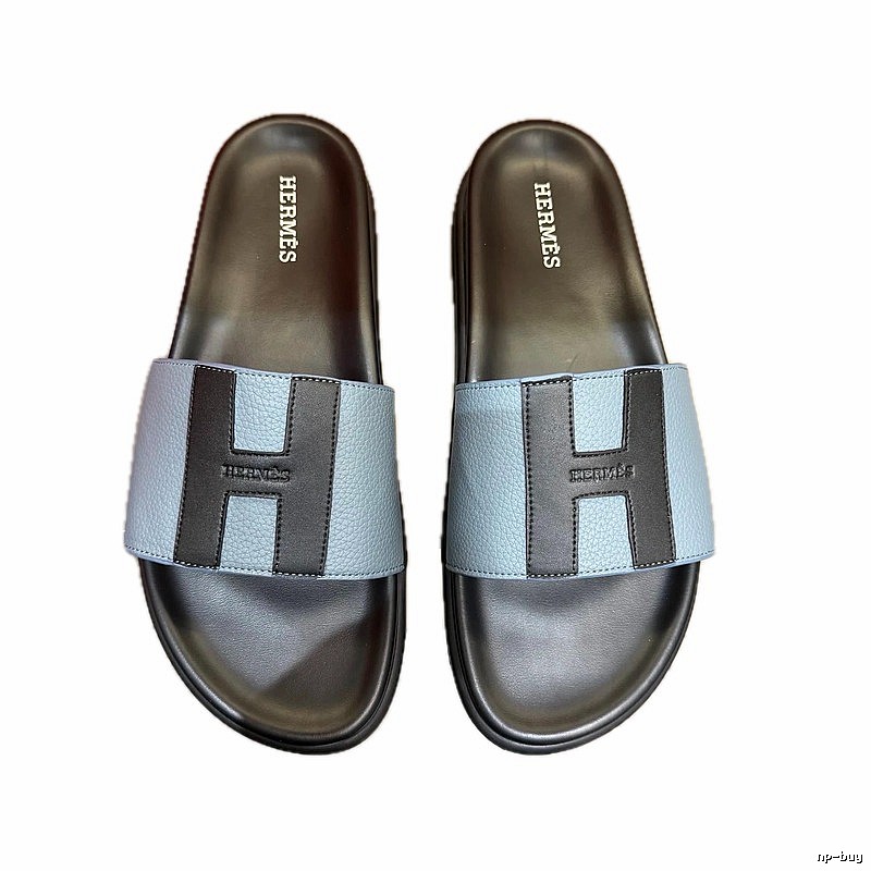 Hermès H Collection Minimalist Style Dusty Blue Slides