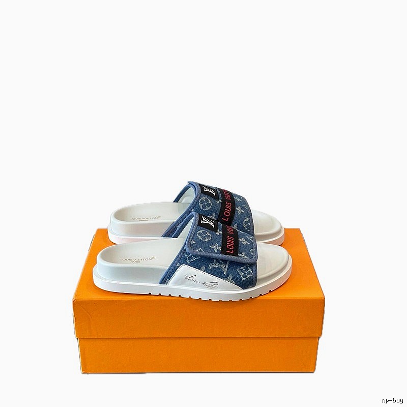 Louis Vuitton Monogram Trendy Denim Blue One-strap Slide Sandals