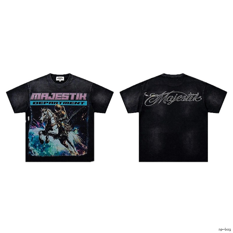 MAJESTIK Space Print Vintage Distressed Black T-Shirt
