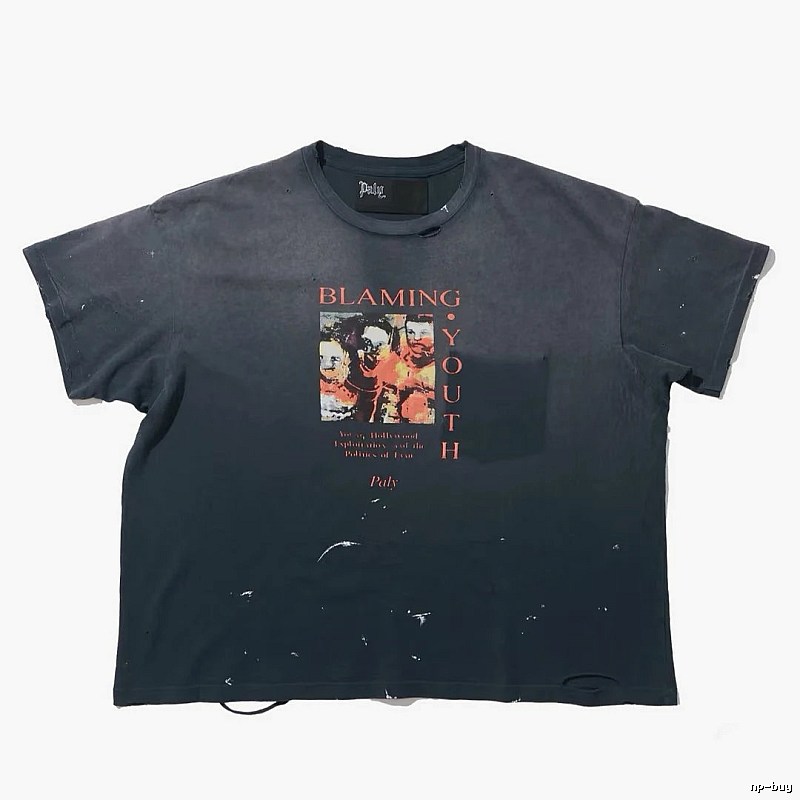Paly Hollywood Distressed Print Vintage Charcoal Black T-Shirt