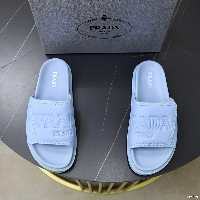 Prada Embossed Collection Minimalist Style Light Blue Slides