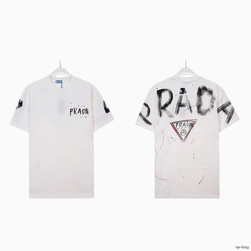Prada Triangle Logo Graffiti Street Style White Short-sleeve T-shirt