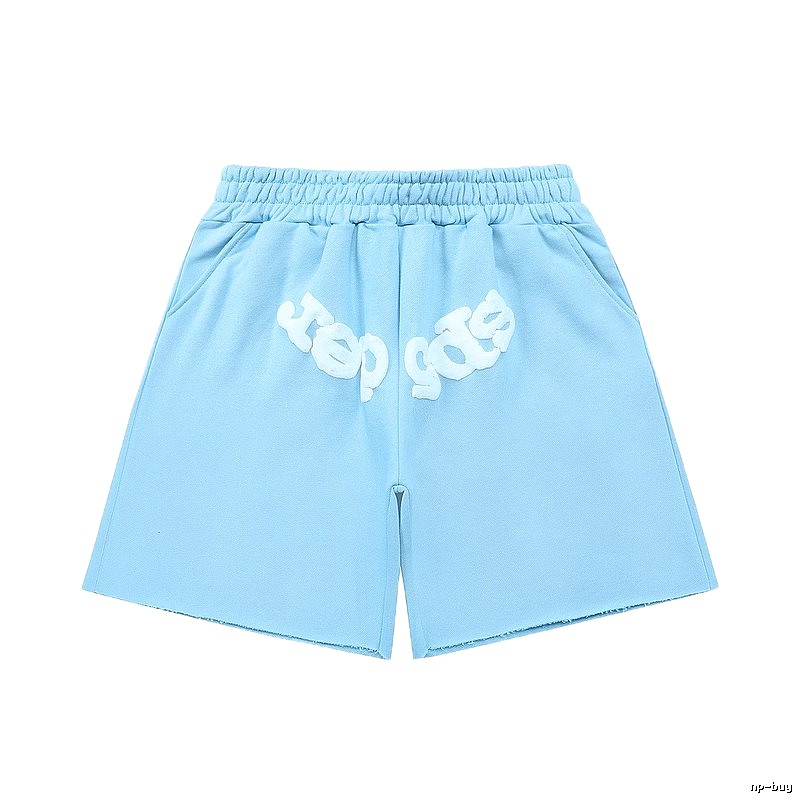 Sp5der letter-style light blue shorts
