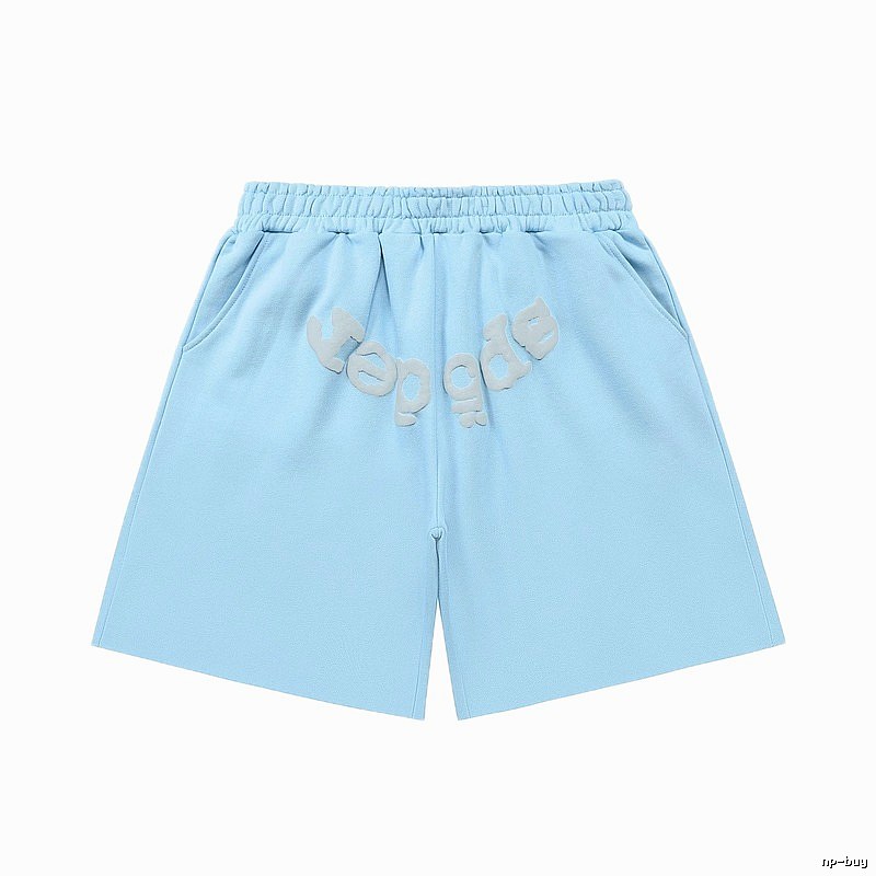 Sp5der letter-style light blue shorts