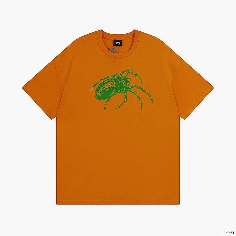 Stussy Orange Spider Graphic T-Shirt Streetwear Look Logo