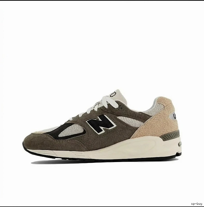 The New Balance 990 series retro-style gray-brown shoes.