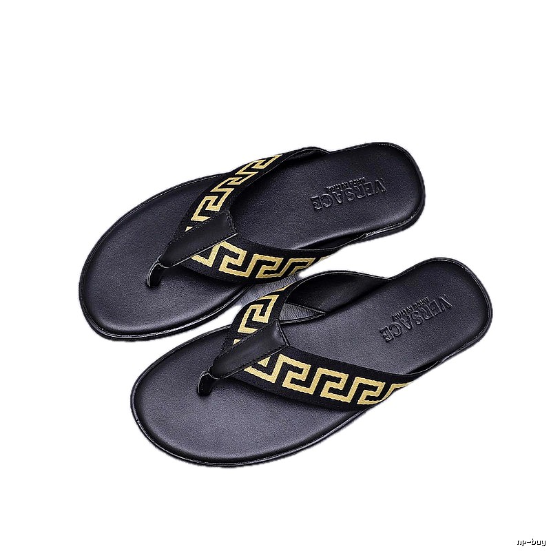 Versace Edgy Black & Gold Greek Key Flip-Flops